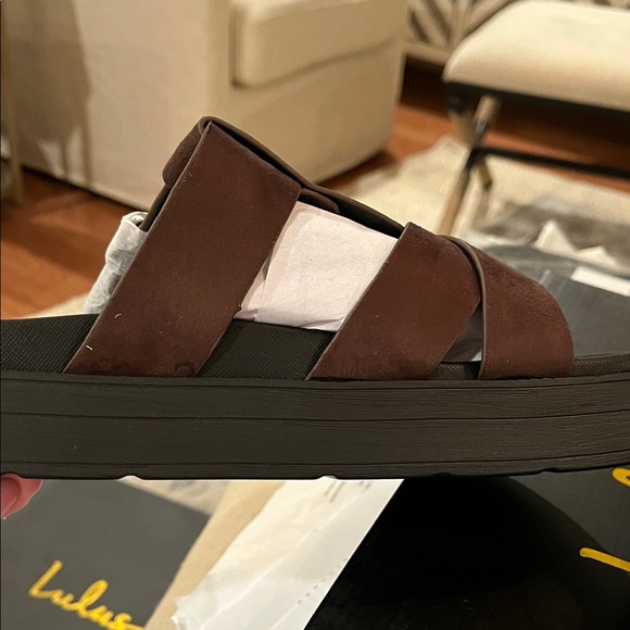 Lulus Surie Chocolate Brown Suede Strappy Flatform Slide Sandals/NIB/Size 8 - Picture 13 of 15